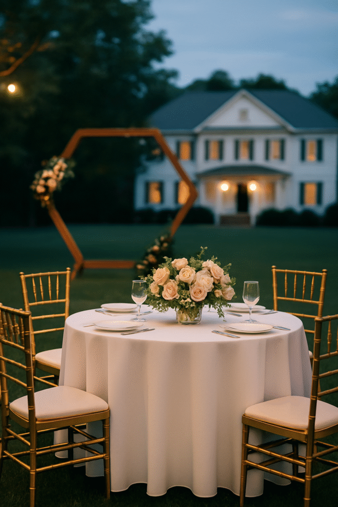 Elegant family-friendly celebration at Stone Manor in Middlesex NC, with string lights and guests enjoying dinner.
