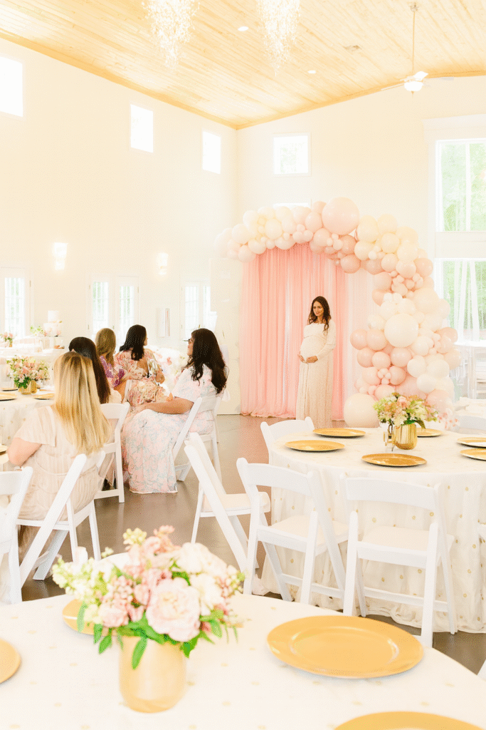 Elegant baby shower setup at Stone Manor in Middlesex NC with floral décor and family guests.