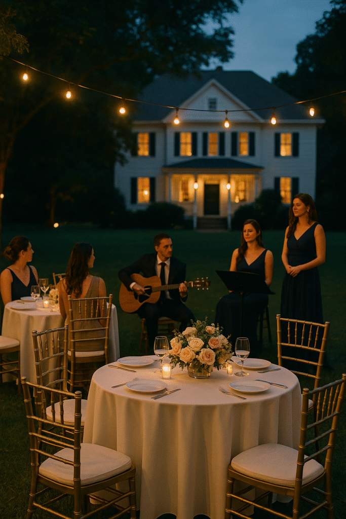 Guests enjoying live music and string lights at Stone Manor in Middlesex NC.